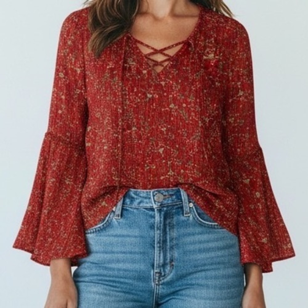 Miss Me Blouse Womens S Red Floral Metallic Lace Up Bell Sleeve Boho Peasant Top